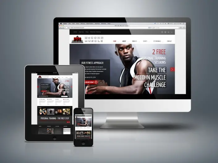Website design by Matthew McWilliam shown on a desktop monitor, laptop, tablet and phone — design 10 of 17